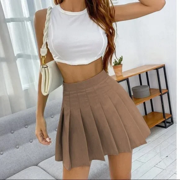 pleated mini skirt fall winter chic trending preppy brown - Picture 4 of 7